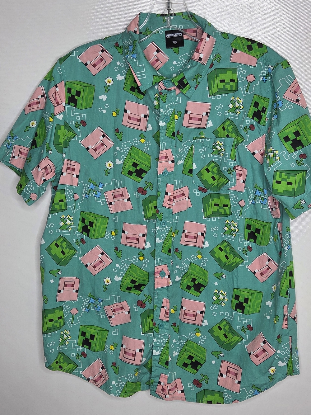 Boy's Minecraft Button-Up Shirt XXL 18 Green Pink Creepers Pigs Short Sleeves